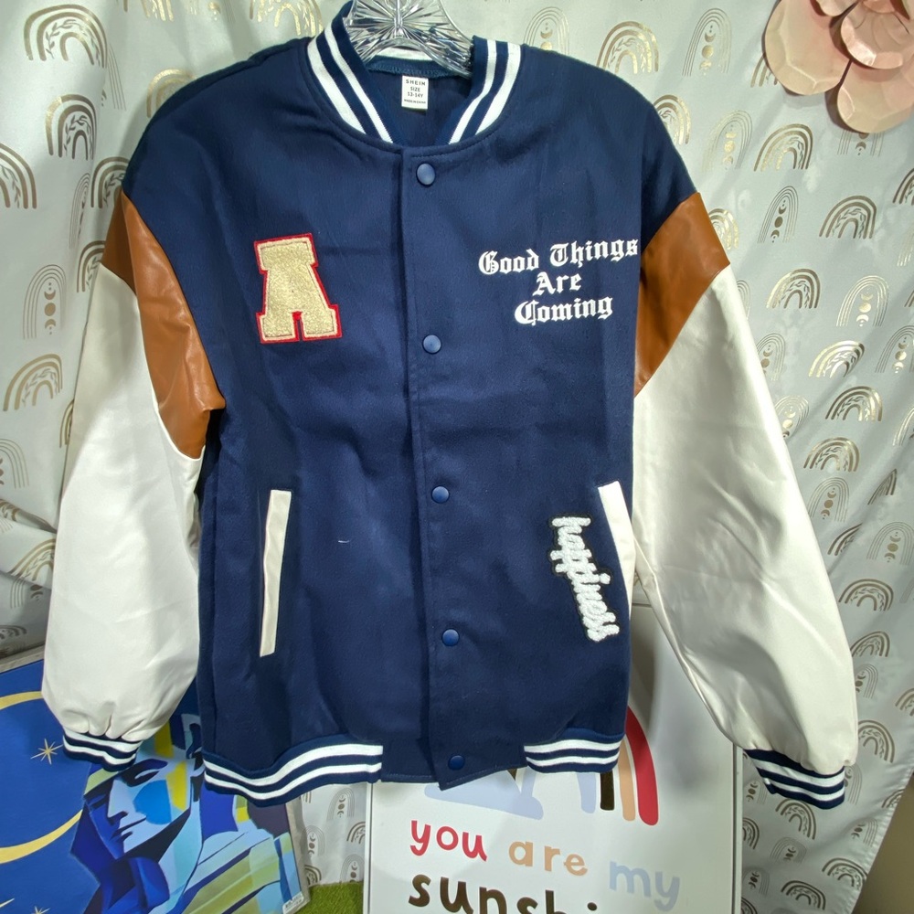 SHEIN Navy and White Kids Varsity Jacket